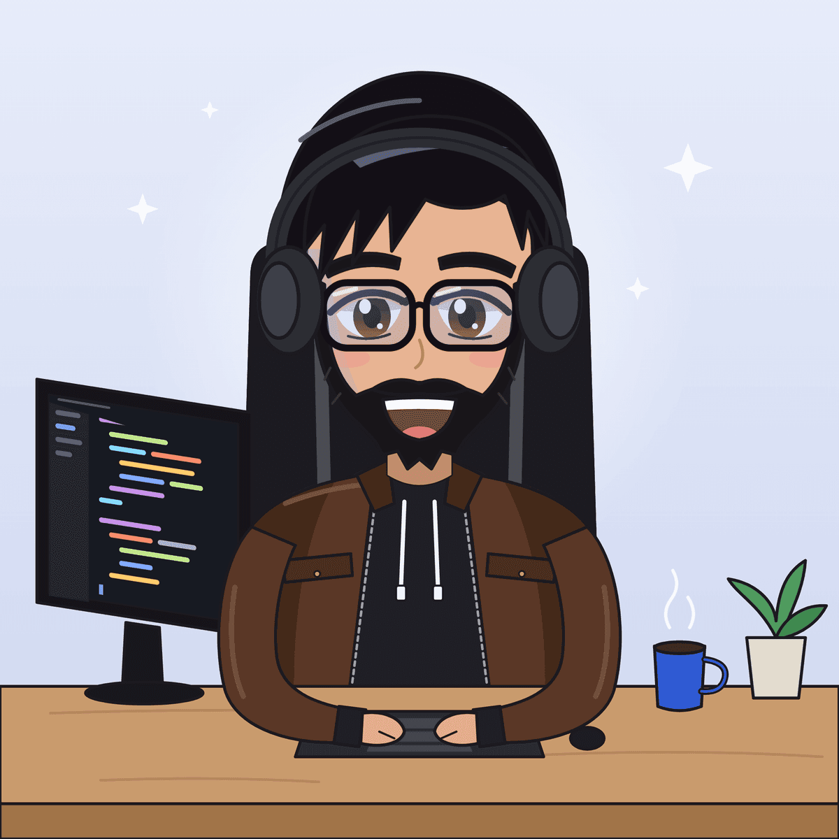 Illustrated portrait of Bruno Alencar wearing glasses and headphones at his desk, with code on a monitor beside him